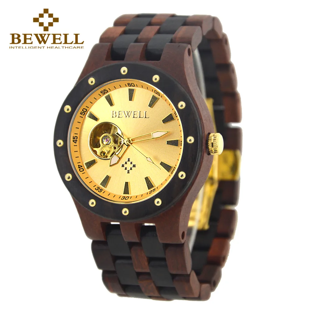 Red black sandalwood BEWELL повседневные Роскошные Брендовые мужские механические часы настоящий деревянный наручные часы relogio masculino деревянные часы 131A - Цвет: Red black sandalwood