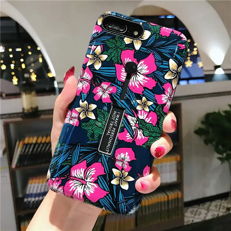 H Чехол для телефона с петельным кольцом для Apple iPhone 11 Pro XS Max XR X 6 6S 7 8 Plus, Модный чехол-подставка с цветами и листьями - Цвет: H