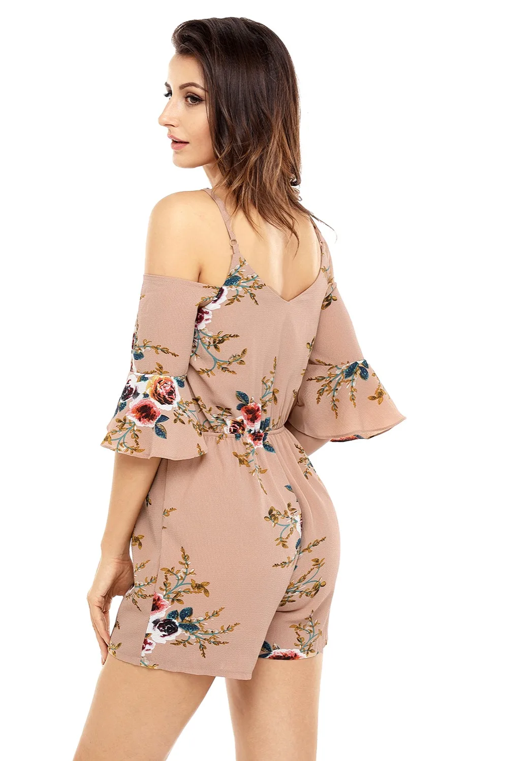 Абрикос multi цветочные оборками Обёрточная бумага открытыми плечами комбинезоны