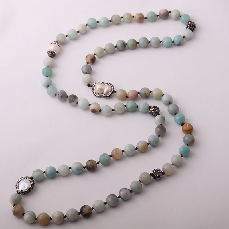 

Fashion Knotted 10mm Amazonite Natural Stone Handmake Black Crystal Paved Pearl Charm Long Necklace