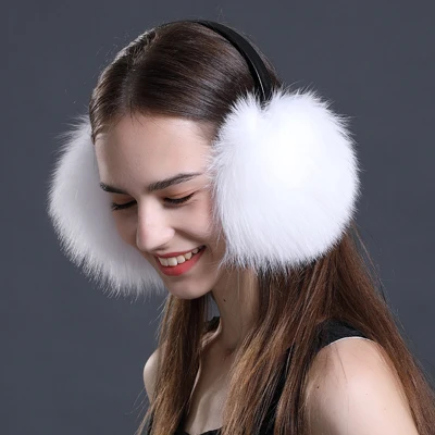 white Наушники из натурального меха, зимние аксессуары для женщин, защита для ушей, милые розовые теплые наушники, однотонные женские наушники из натурального Лисьего меха енота - Цвет: white
