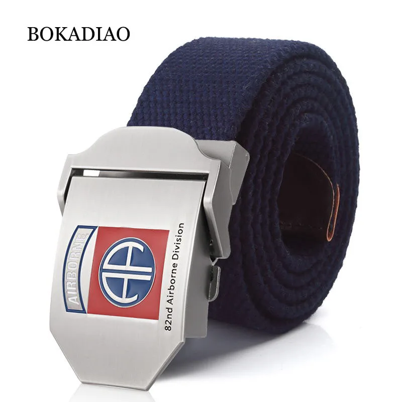 BOKADIAO men's Canvas belt 82nd Airborne Division Metal buckle Retired soldier Military Army tactical belts for Women strap male