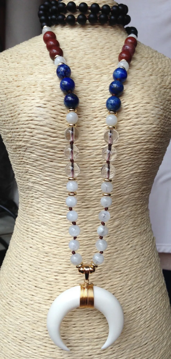 YA2435 Real Cattle Bone Moon Wire Pendant Agates Lapis Beads Knot Handmade Necklace 30inch long | Украшения и аксессуары