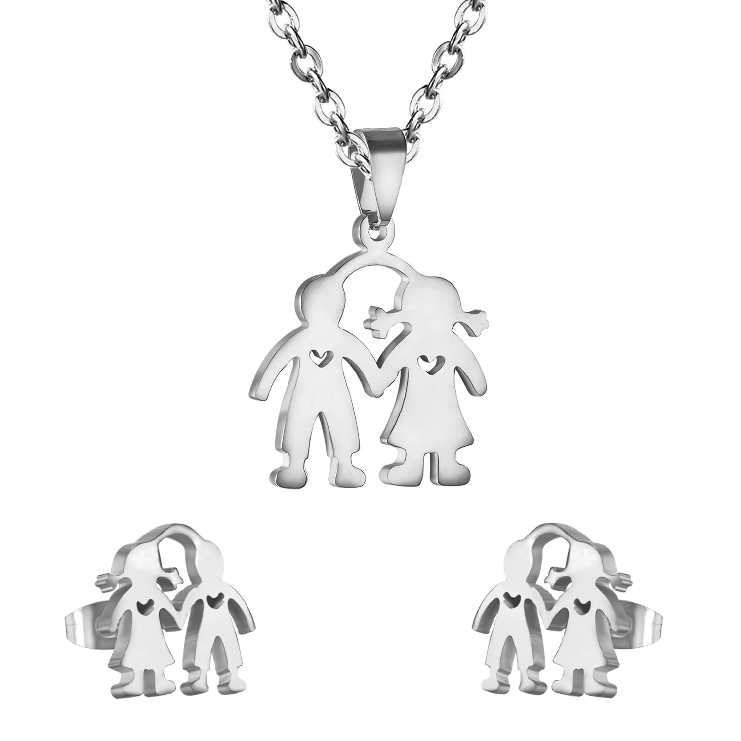 boy and girl steel Роскошные Ювелирные наборы, свадебные дубайские наборы, Свадебные Ювелирные наборы с полым сердцем для мужчин и женщин, ожерелье, серьги, ювелирный набор - Окраска металла: boy and girl steel