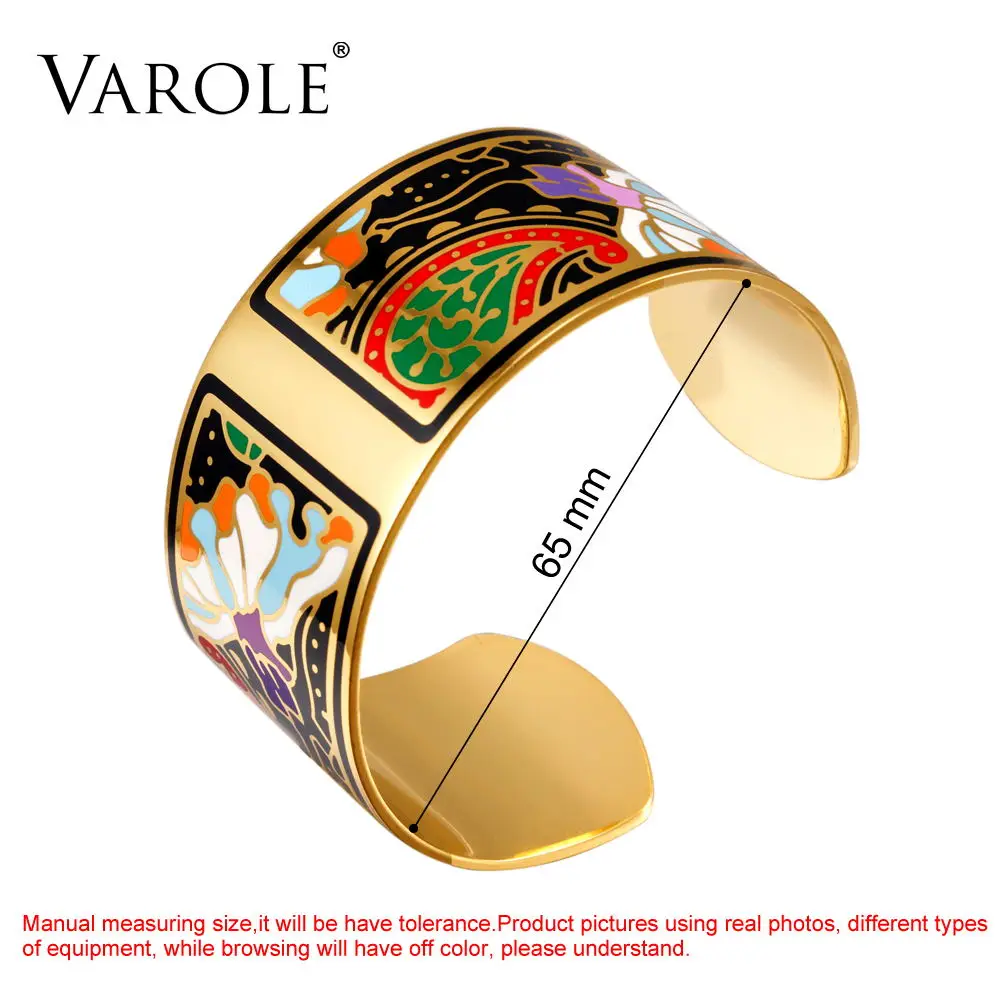 Large Size 65mm VAROLE модный широкий браслет цветной дизайн узор открывающийся браслет для женщин мать эмаль золотые браслеты Jonc Pulseras - Окраска металла: Large Size 65mm
