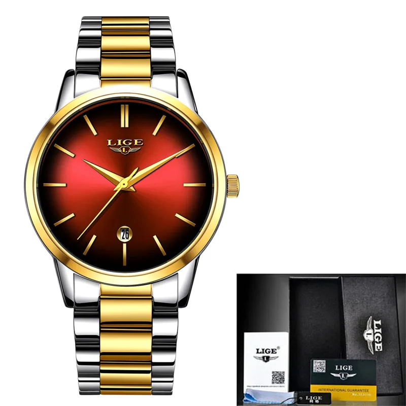 Gold red LIGE новые женские часы модные повседневные часы женские роскошные брендовые тонкие модели с маленьким циферблатом часы женские часы Relogio Feminin - Цвет: Gold red