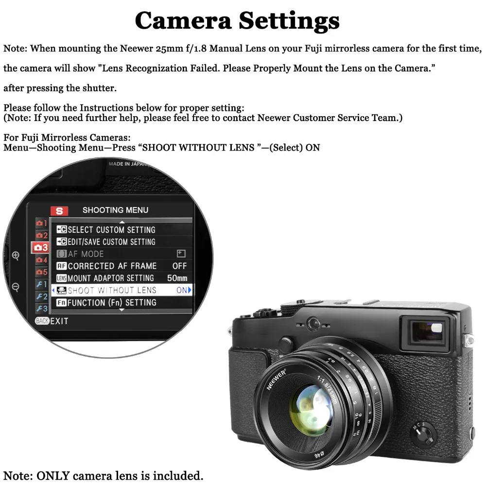 Neewer 25 мм f/1,8 ручная фокусировка Prime фиксированный объектив для Fujifilm APS-C цифровых беззеркальных камер XPro2 XE3 XH2 X100T X100S