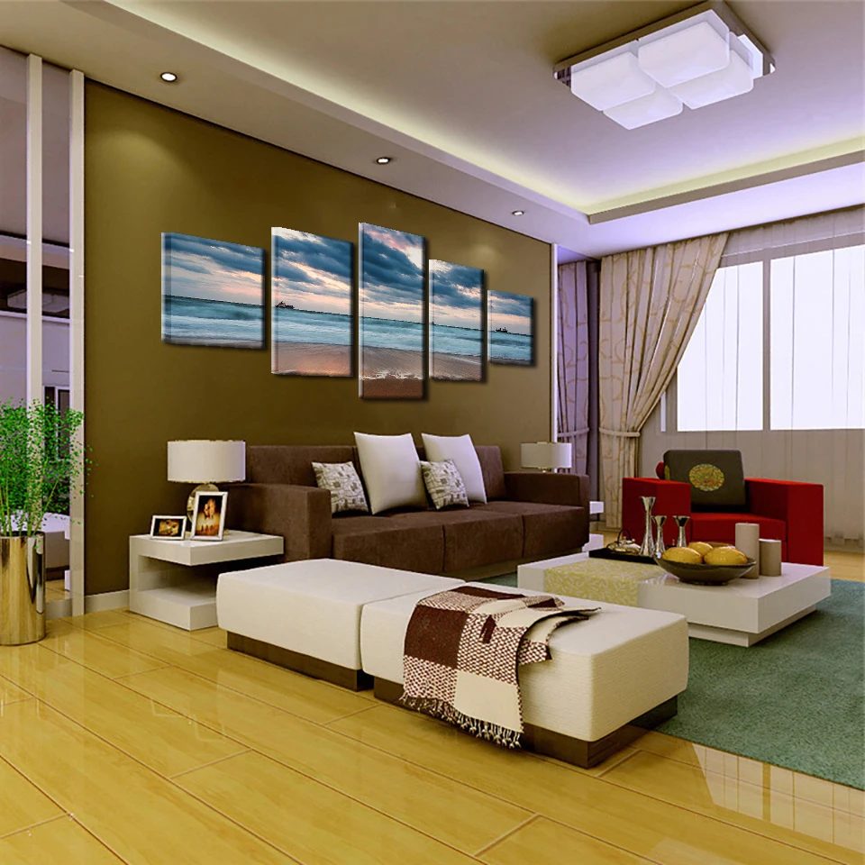 HD Prints Painting Home Decor Canvas Living Room Framework 5 Piece Sea Waves Beach Pictures Cloudy Boat Seascape Poster Wall Art | Дом и сад