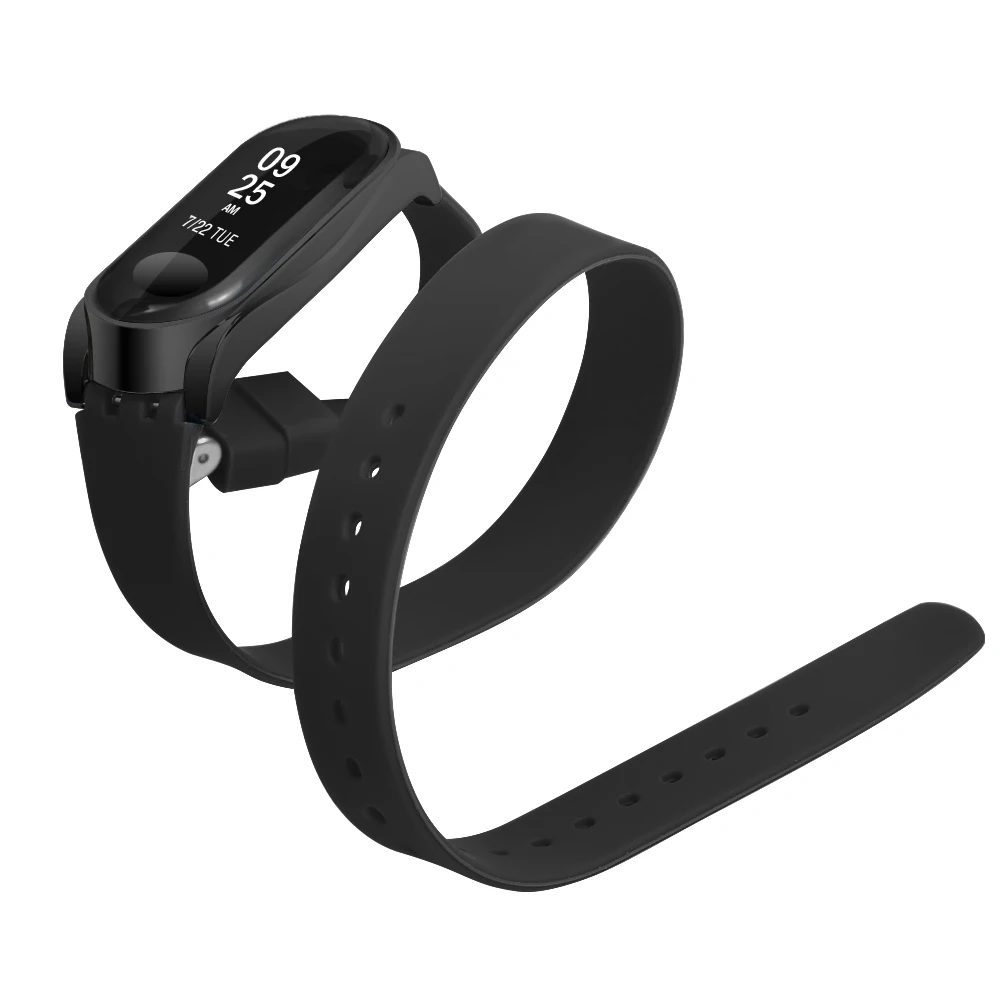 Черный Сменный силиконовый ремешок для часов Xiaomi mi Band 4, длинный ремешок, двойной ремешок для mi band 4, пряжка для mi Band 3, умные аксессуары - Цвет: Черный