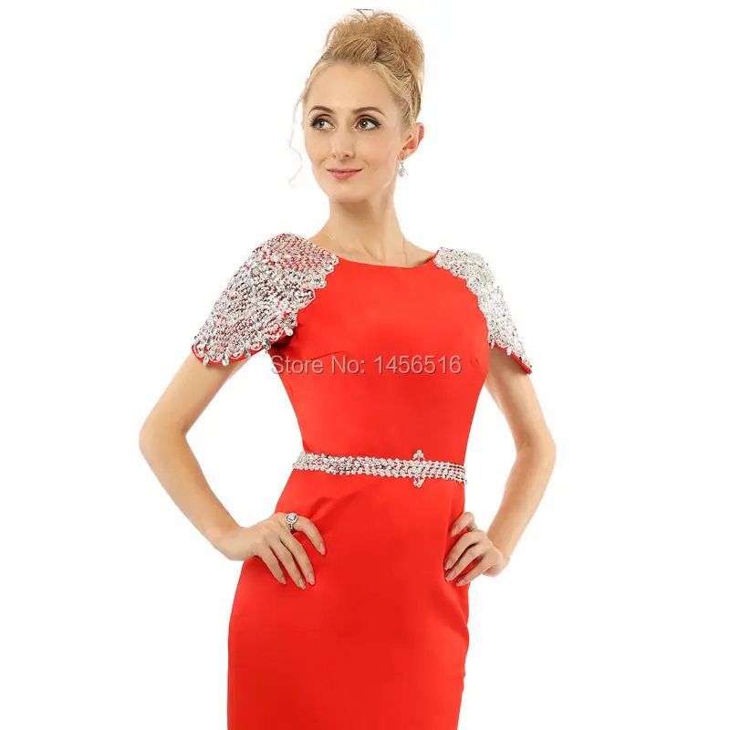 Женское вечернее платье красное с коротким рукавом и бусинами|prom dresses|prom dress