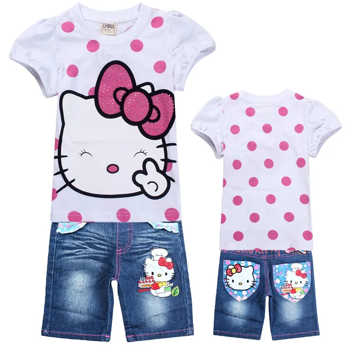 Wholesale New 2014 Summer Kids Clothing Set Cute Dots Hello Kitty t shirts + Pants Jeans Shorts Outfits Girls | Мать и ребенок