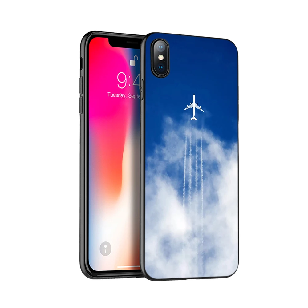 Black tpu case for iphone 5 5s SE 2020 6 6s 7 8 plus x 10 XR XS 11 pro Max silicon cover Aircraft Airplane fly travel cloud Sky | Мобильные
