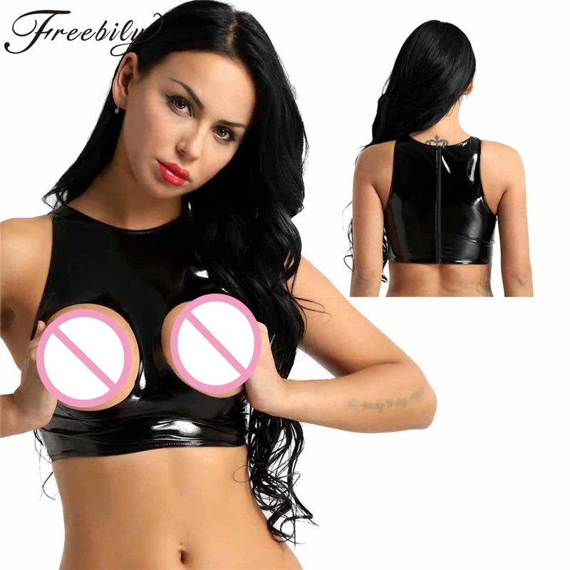 

Women Fashion Wetlook Faux Leather Open Cupless Hollow Bust Erotic Vest Tops Club Evening Party Sexy Crop Tank Tops Clothing