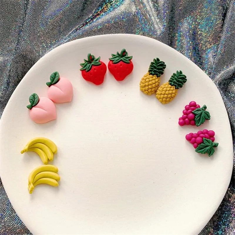 Summer Style Cute Fruit Fashion Stud Earrings For Women Lovely Pink Peach Strawberry Pineapple Party Earring Hot Sale | Украшения и