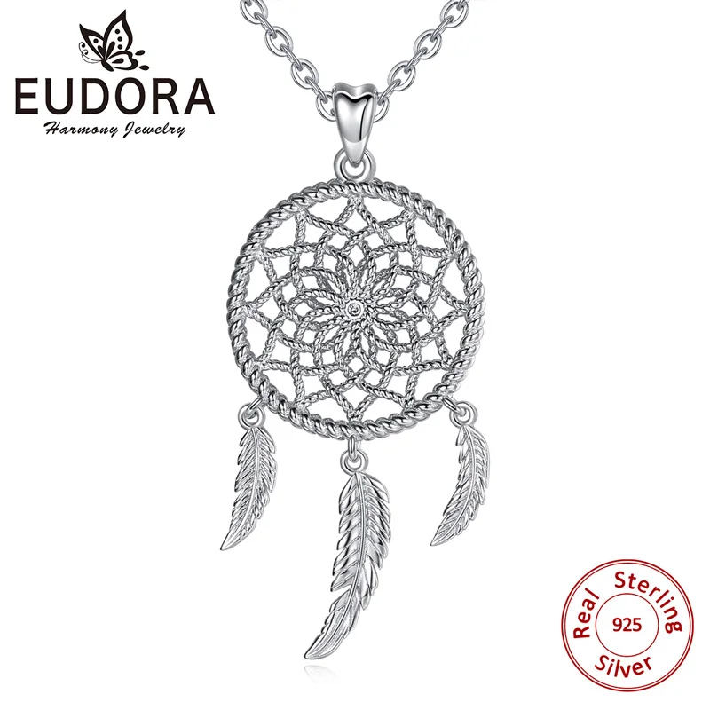 Ожерелье-Ловец снов из стерлингового серебра EUDORA с прозрачным фианитом и 3 перьями boho ювелирные изделия «Ловец снов» Для женщин D422