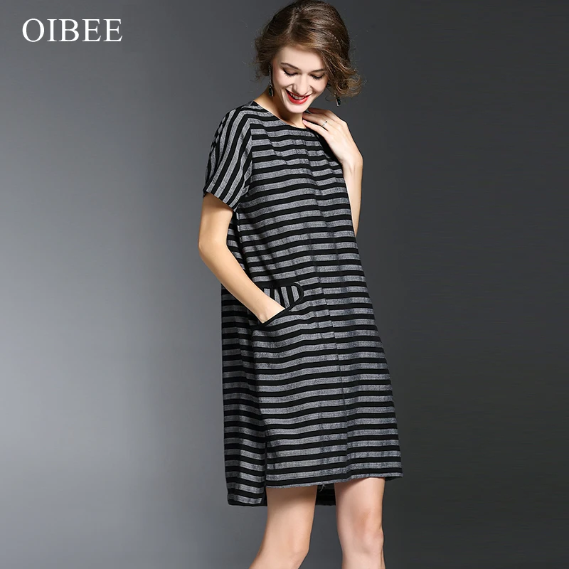 OIBEE2019 О-образный вырез с коротким рукавом в полоску с карманом размера плюс свободное платье по колено