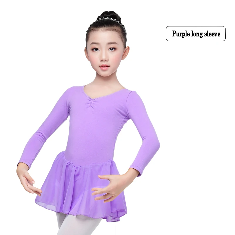 Purple long-sleeves Детское балетное трико с длинными/короткими рукавами для девочек; детское хлопковое платье для танцев; Танцевальная шифоновая юбка для балета; трико; 3 цвета - Цвет: Purple long-sleeves
