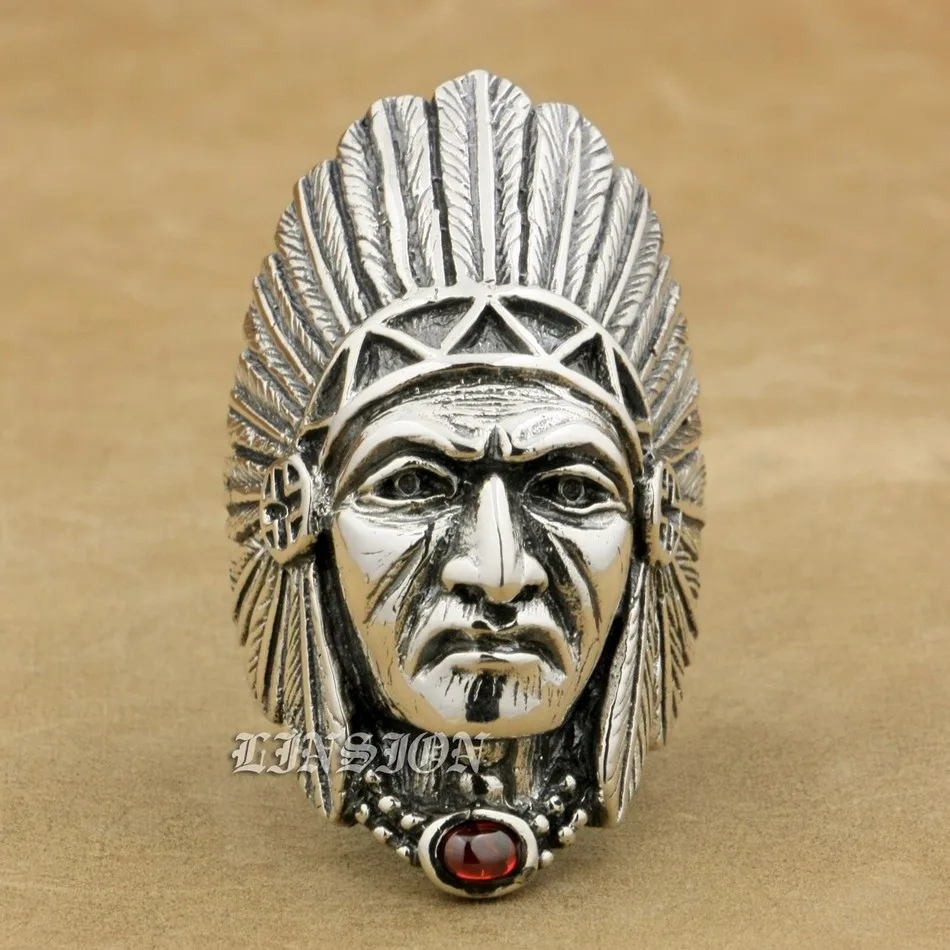 

Indian Chief Red CZ Mens 925 Sterling Silver Biker Rocker Punk Ring 9T007 US Size 8 to 15