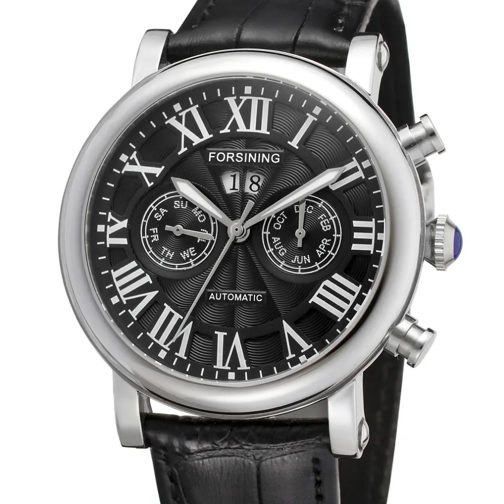 Мужские автоматические часы с римскими цифрами черный циферблат из нержавеющей