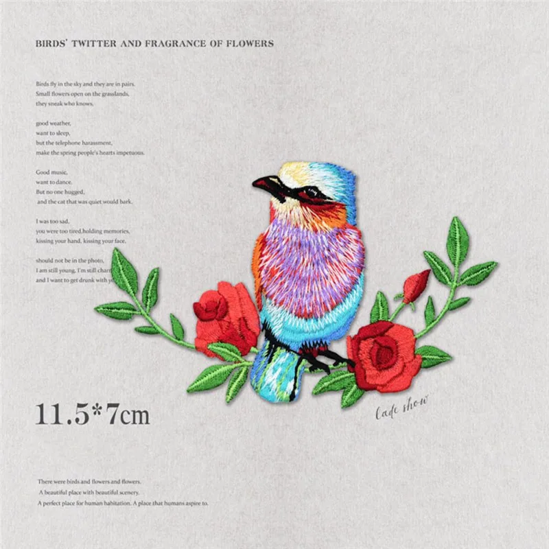 

Cute Beautiful Red Flower Bird Embroidered Patch Animal Iron On Patches for Wedding Dress Jeans Clothing DIY Applique