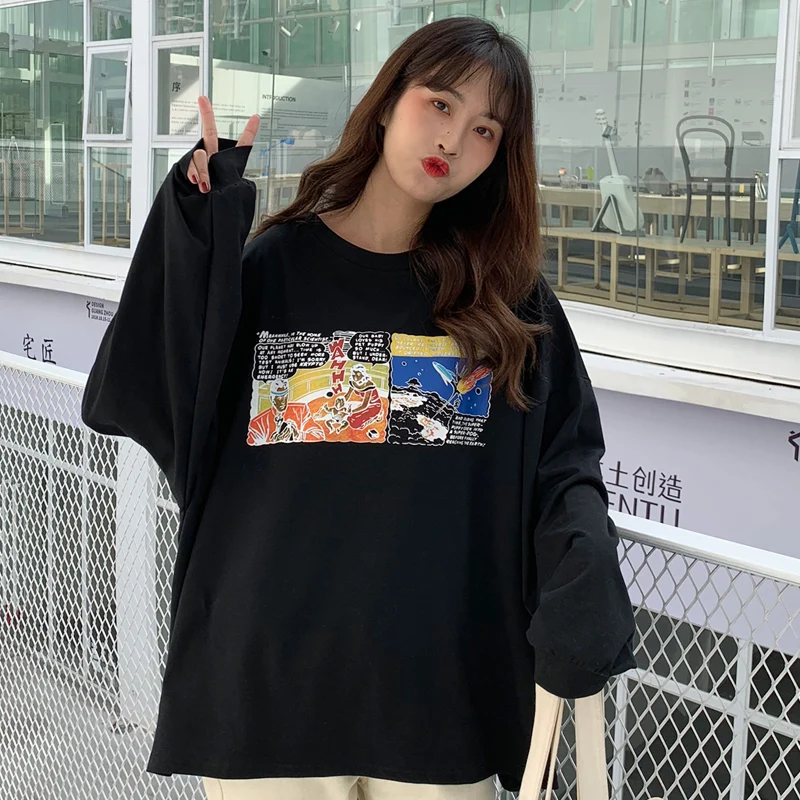 

Women Bf Wind Harajuku T-shirts Korean Oversized O Neck Long Sleeve Letter Print Loose Tops Student Spring Chic Batwing Tshirt