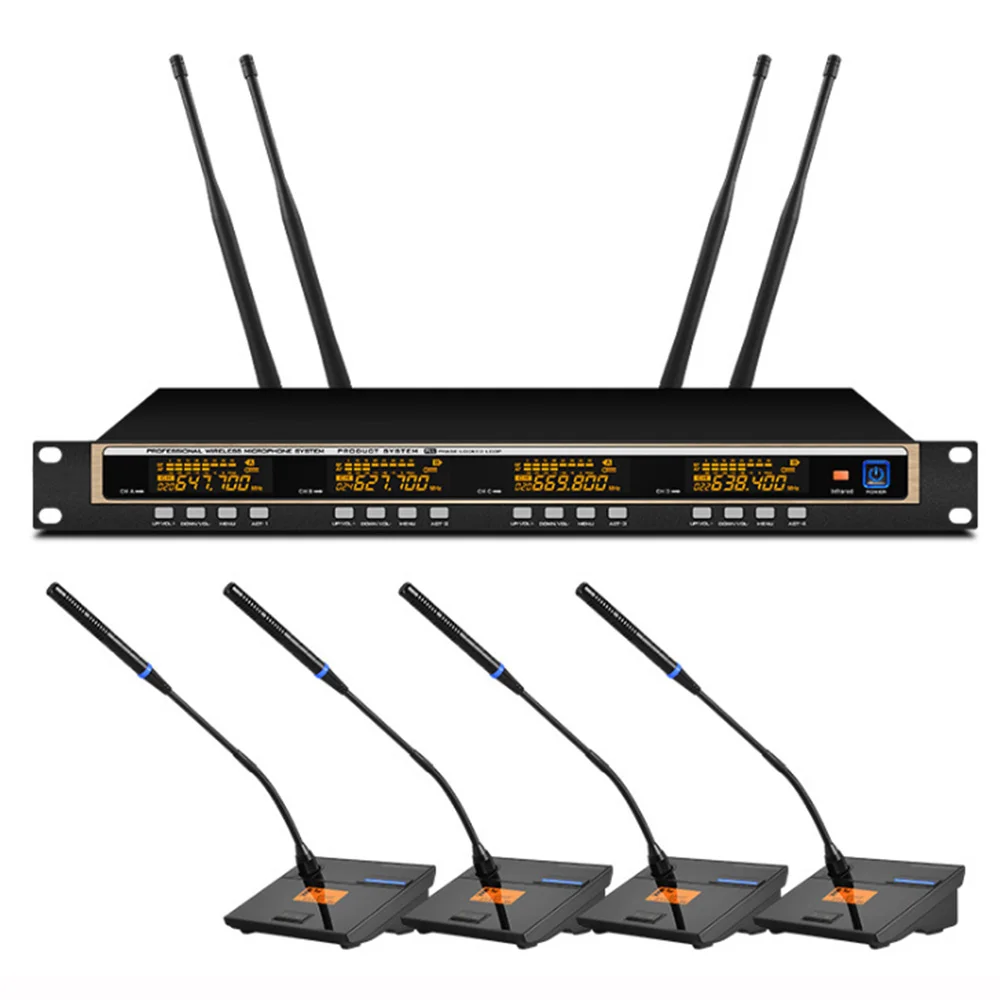 Профессиональный микрофон 4-канальный UHF профессиональный 4-ошейник с зажимом