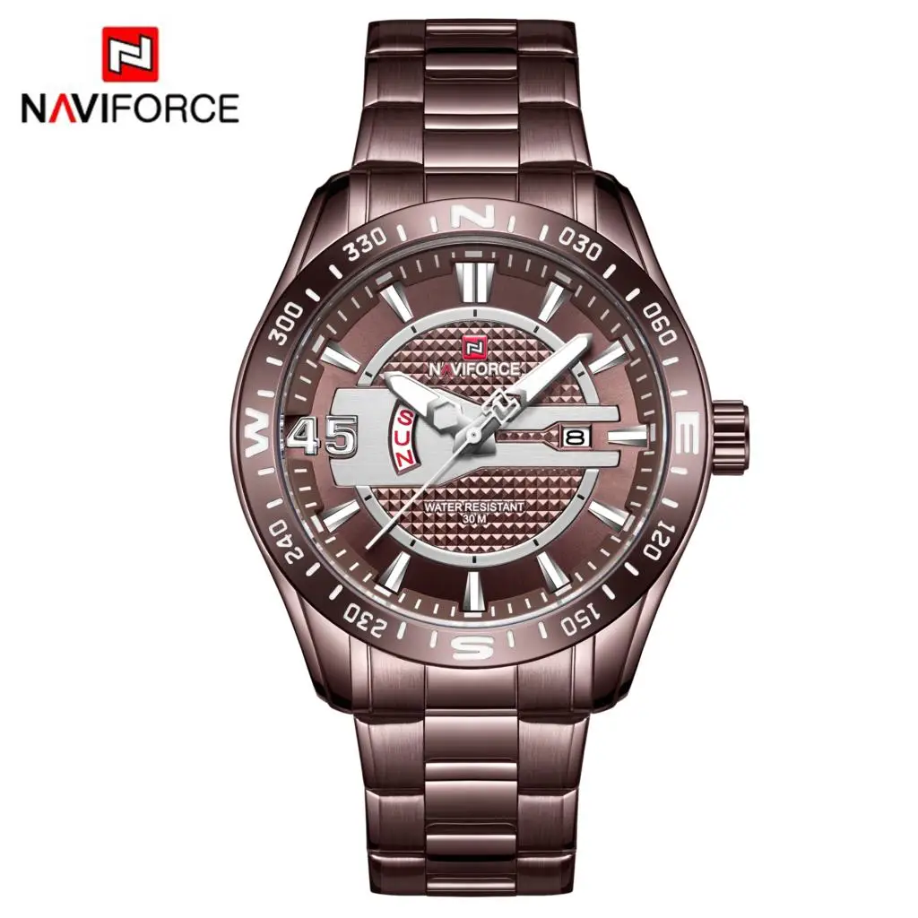 Кофе NAVIFORCE Роскошные Брендовые мужские часы из нержавеющей стали Синие мужские кварцевые часы мужские спортивные водонепроницаемые наручные часы Relogio Masculino - Цвет: Кофе