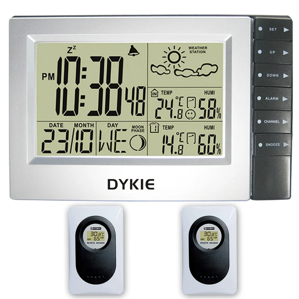 Weather Station Indoor Outdoor Electronic Clock Temperature Humidity Alarm Thermometer Hygrometer +2 Wireless Tramsmitters | Инструменты