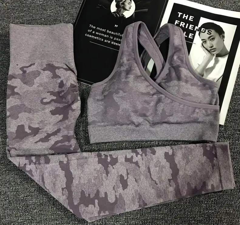 Purple Set Комплект из 2 предметов, камуфляжный, камуфляжный, для йоги, спортивная одежда для женщин, для спортзала, фитнеса, одежда для занятий йогой, леггинсы+ спортивный бюстгальтер, спортивный костюм для спортзала, Femme - Цвет: Purple Set