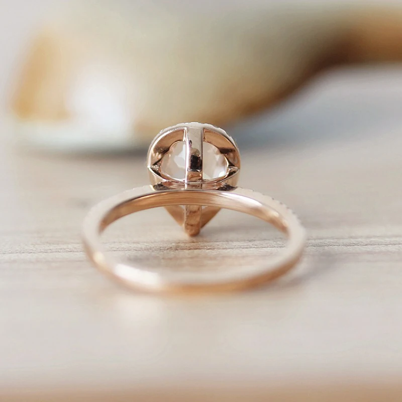 

DUPUY Stackable Classical 6*9mm Pear Cut Morganite Ring Halo Ring Half Eternity Diamond Ring 14k Rose Gold Ring Jewelry F0040MO