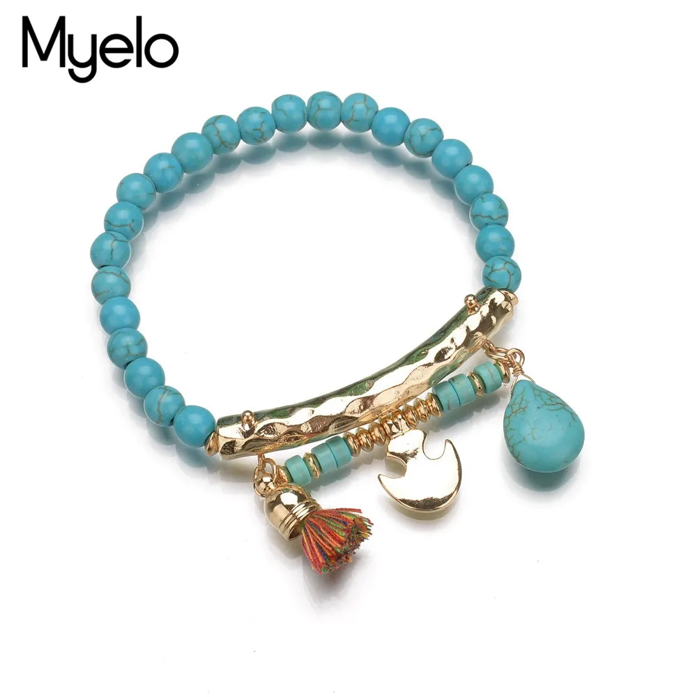 Myelo Ethnic Stone Colorful Tassel Anchor Strand Charm Bracelets Elastic Stretch Beads For Women Party Jewelry Bijoux | Украшения и