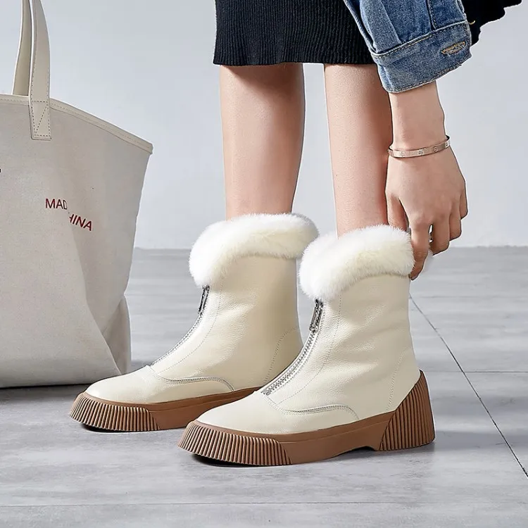 GPOKHDS women snow boots cow leather zippers winter warm wool blend round toe high heels boots