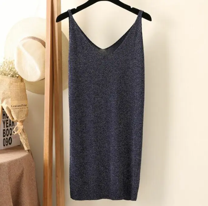 dark blue Летние женские модные тонкие вязанные Длинные Топы, женские камзол без рукавов, футболки с блестящими вискозными вязанными ZY0382 - Цвет: dark blue