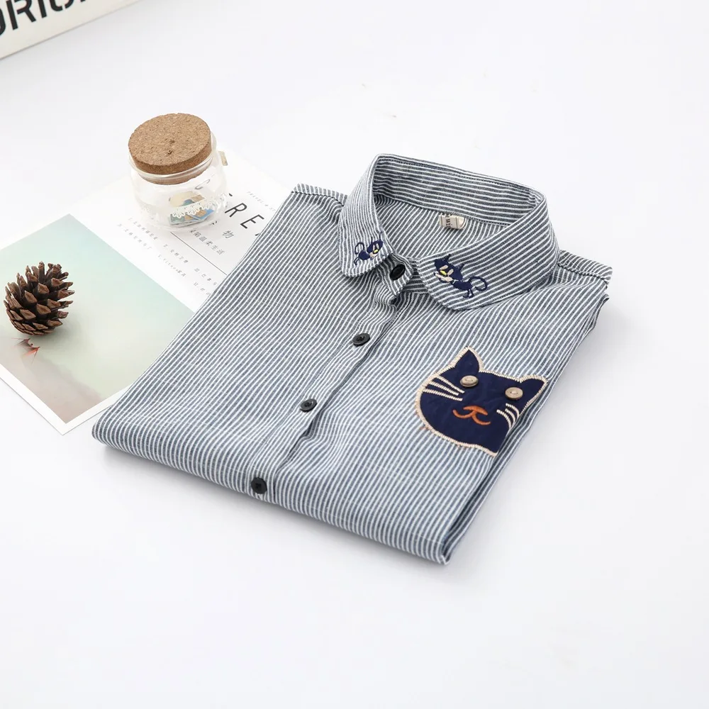 Фото Spring New Collection Cotton Blouse Long Sleeve Striped Shirt With Cat Embroidered Женская одежда Spring New Collection Cotton Blouse Long Sleeve Striped Shirt With Cat Embroidered Женская одежда