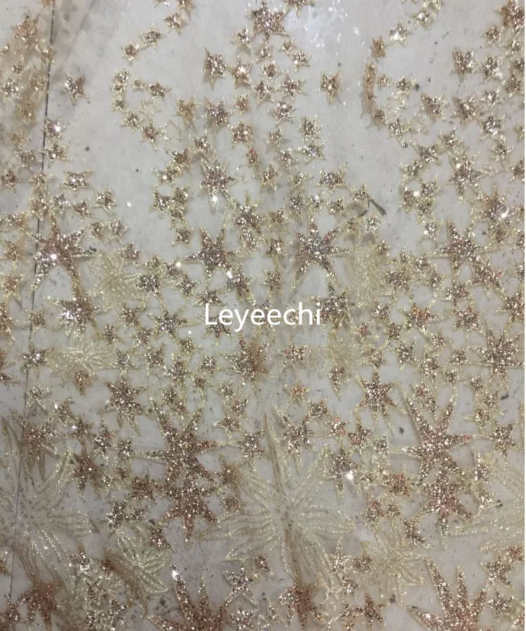 3yards/lot Gold and Blue Pentagram Glitter Sequins French Lace Fabric High Quality glitter For Wedding | Дом и сад