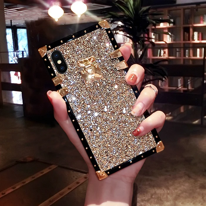 Квадратный Блестящий блестящий чехол с заклепками для iPhone 11 Pro XS Max XR X 8 7 6S Plus Samsung Galaxy NOTE 10 9 8 S10E/9/8 Plus