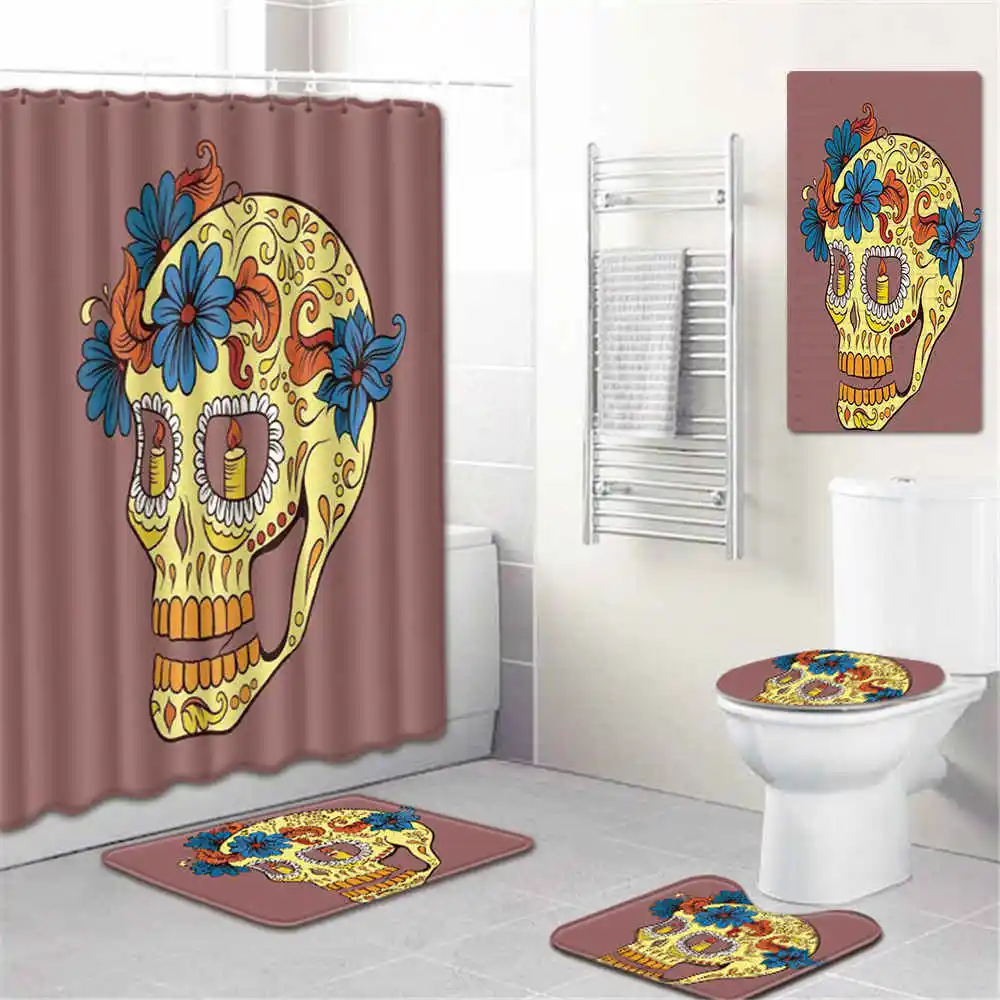 5Pcs/Set 3D Skull Shower Curtain Bath Rug Set Toilet Cover Bath Mat Set Bathroom Accessories Curtains With Hooks