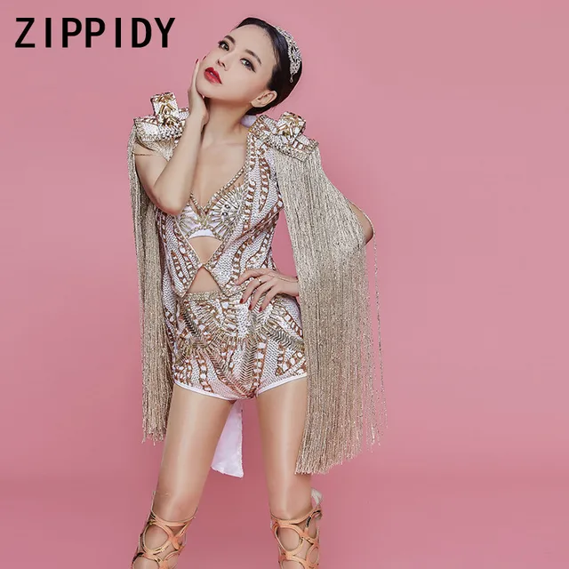 Gold Sequins Epaulet Fringes Costume Bra High Waist Short Female Singer Stage Dance Performance Wear Show Top Bottom Set 1