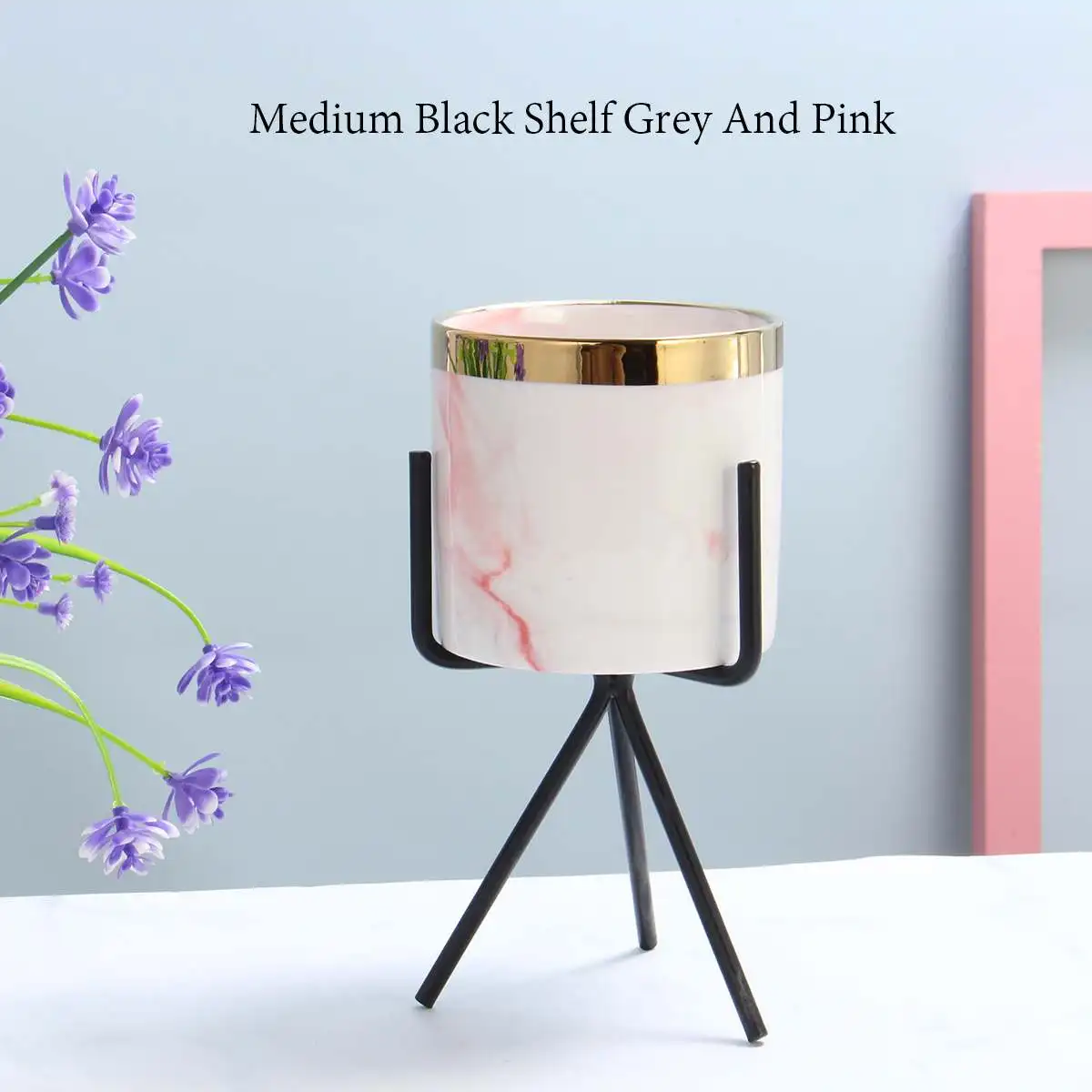 Black Medium Керамические цветочные горшки с металлической подставкой железная стойка мраморные Цветочные растения ваза садовая Ландшафтная Подставка Полка украшение домашнего стола - Цвет: Black Medium