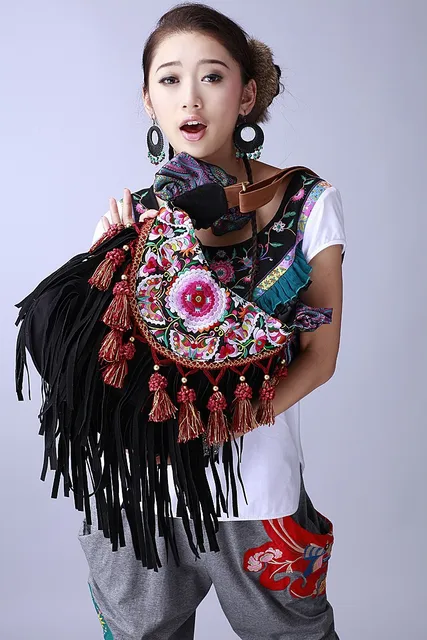 Classic black handmade tassel women bags Ethnic embroidery canvas messenger shoulder bags 3
