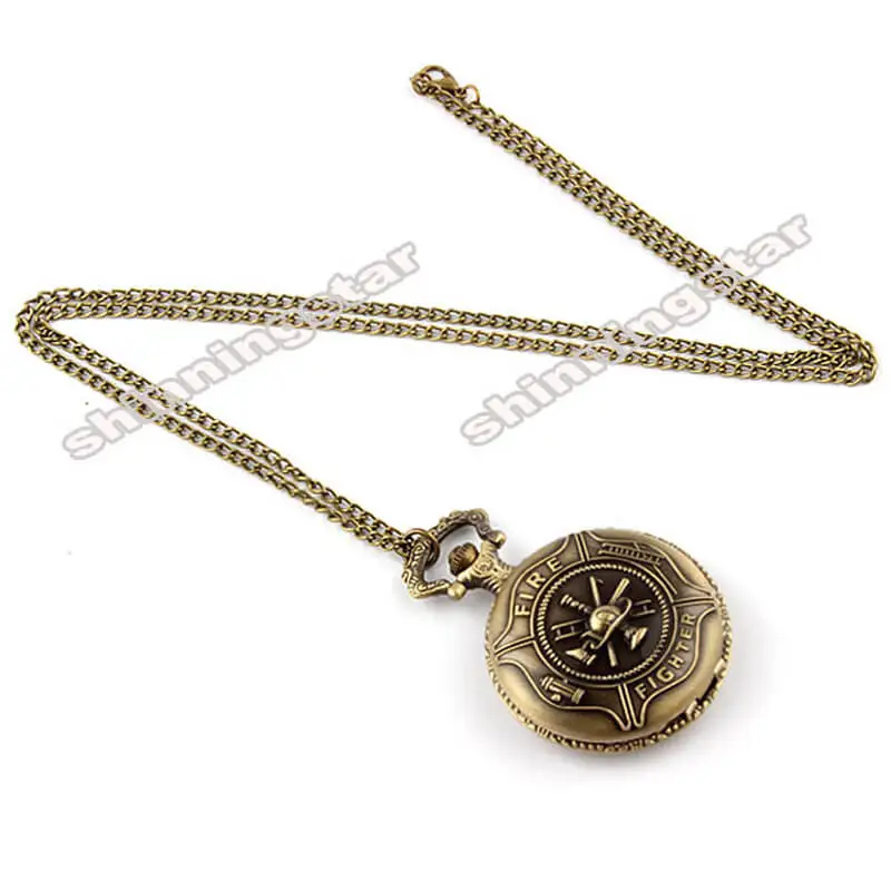 

Fire Fighter Symbol Pocket Watch Chains Engraved Bronze Quartz Pocket Watch Steampunk Pendent Men Clock Gifts reloj de bolsillo