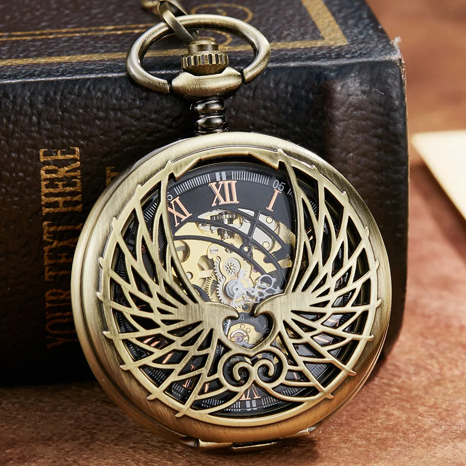 

Retro Bronze Love Wing Mechanical Pocket Watch With FOB Chain Unique Double Side Open Skeleton Hand wind mechanical Pocket Watch