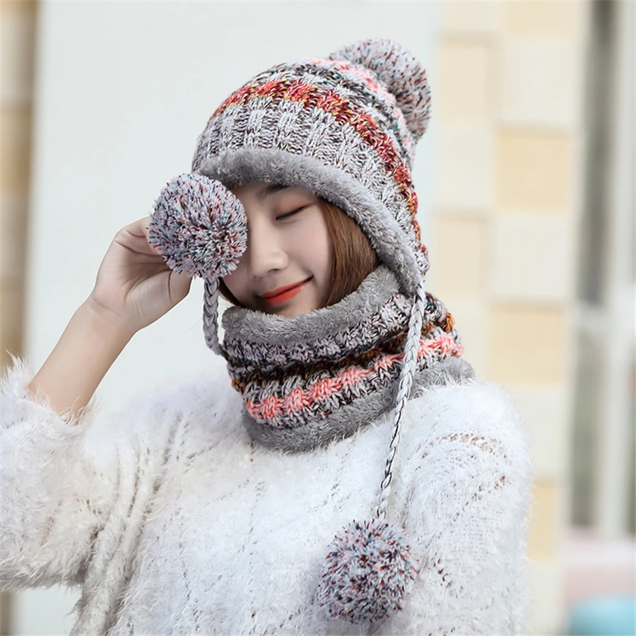 Теплая вязаная шапка для женщин, толстые теплые шапочки, шапки Skullies, Женский вязаный берет, шапка бини, зимняя бархатная вязаная велосипедная шапка, нагрудник