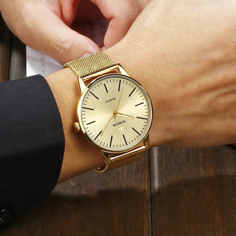 WWOOR мужские тонкие кварцевые простые часы золотые стальные сетчатые ультра