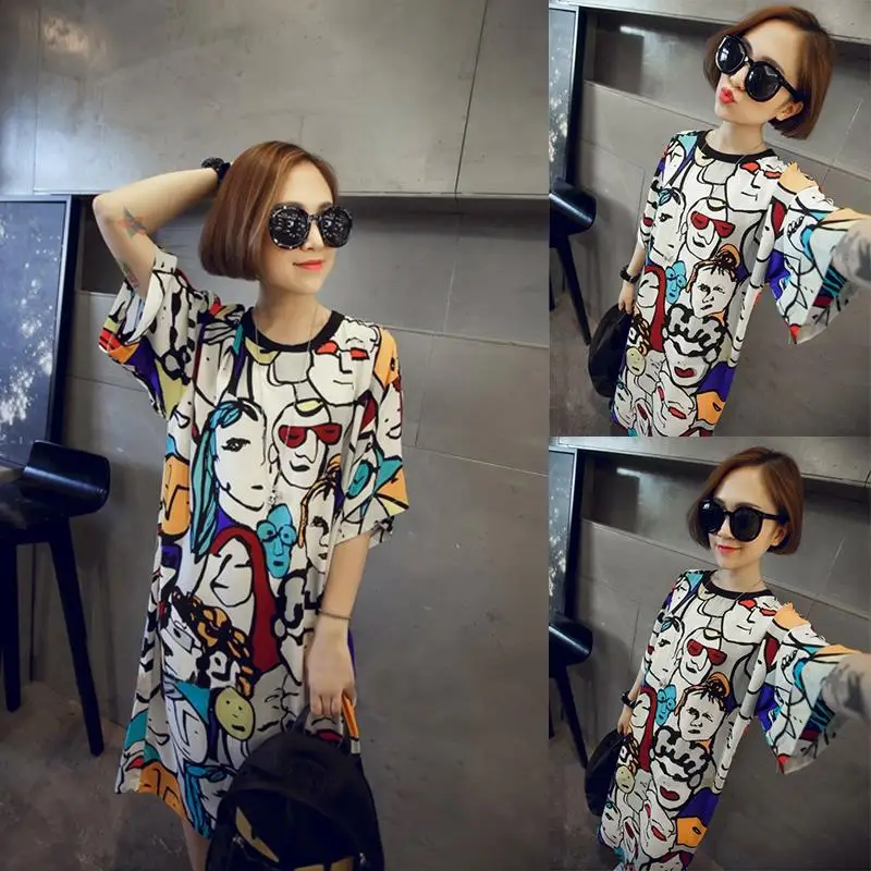 Женское весеннее платье с круглым вырезом футболка большого размера героями