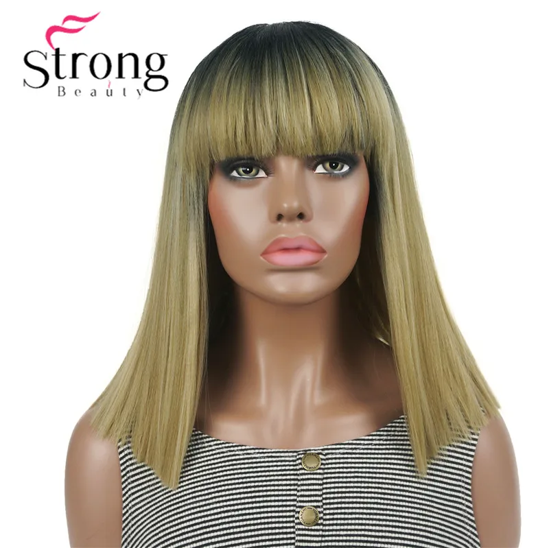 

StrongBeauty Medium Yaki Straight Neat and Natural Ombre Glonden Blonde Full Synthetic Wig for Women