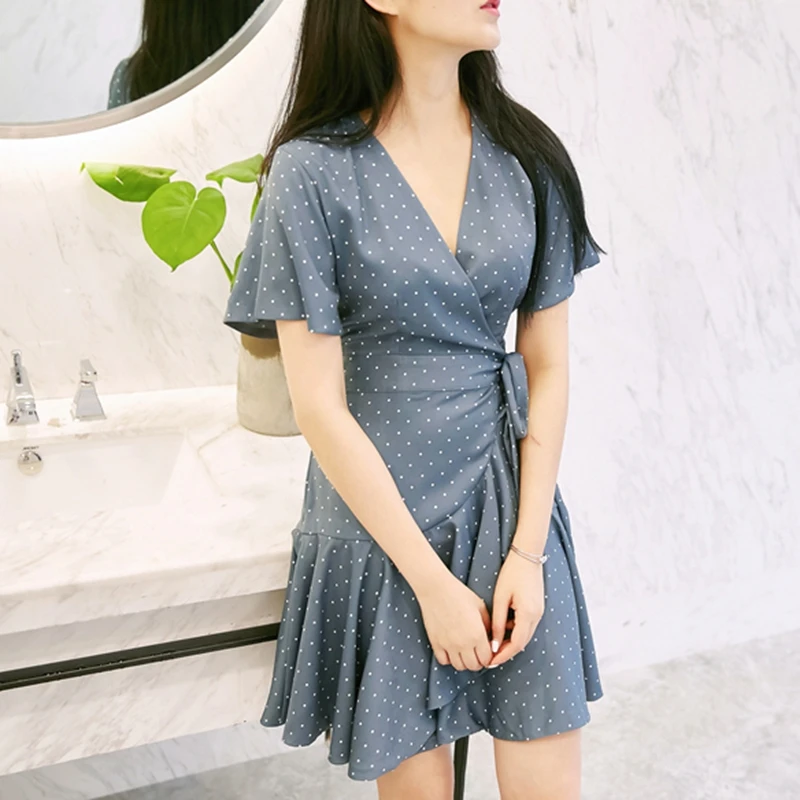 Корейская модная одежда рюшами пляжное платье Элегантный vestidos горошек wrap dress