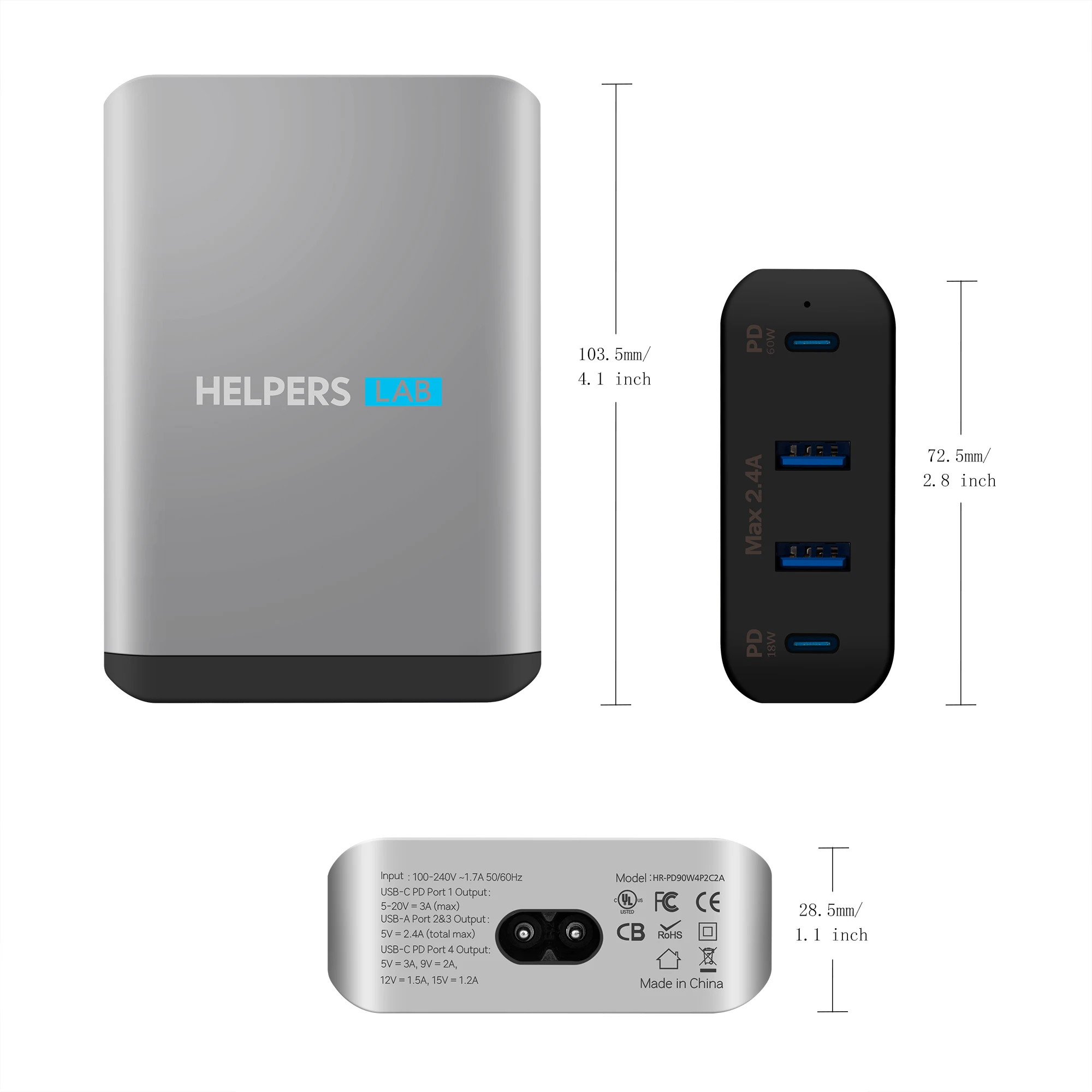 Dual type-C PD дорожное зарядное устройство адаптер с 2 USB-C PD и 2 USB 5 в 2,4 A-Совместимость с Macbook iPad Xiao Mi air pro Matebook
