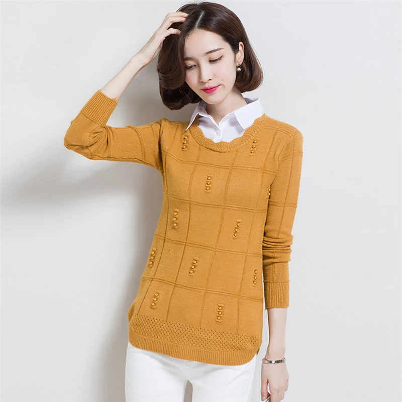 2019 Autumn New Shirt Sweater Women Long Sleeve Fashion Beading Knitted Sweaters And Pullovers Casual Female Jumper Tops R758 | Женская