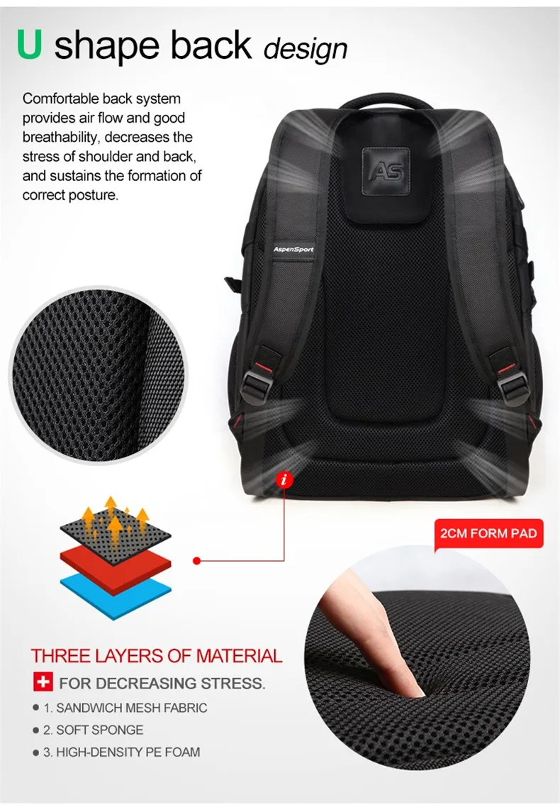 AspenSport новые мужские 15,6 дюймовые рюкзаки для ноутбука женские дорожные сумки через плечо высококачественные школьные сумки рюкзак Mochilas черный